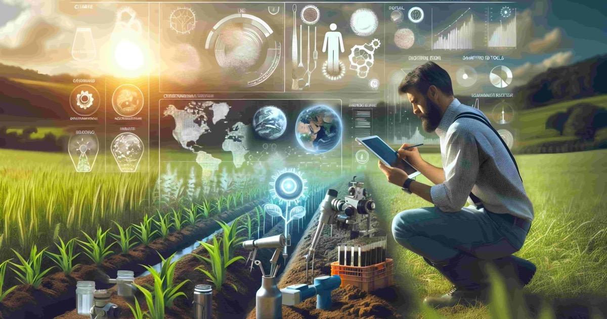 Environmental technician using digital tools for precision agriculture soil sampling